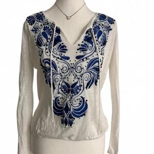 Ins Beach Y2K Sequin Beaded 100% Linen Light Weight Soft Long Sleeve Top Size L